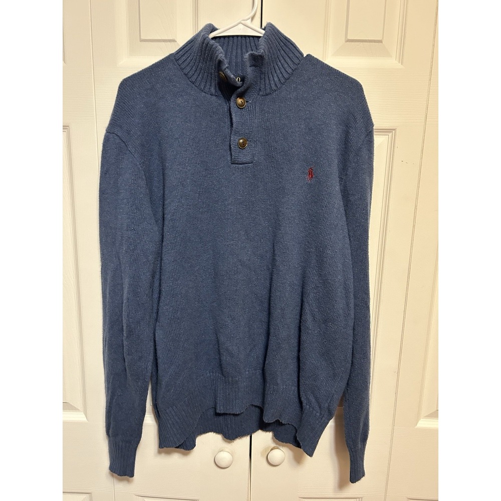 Polo Ralph Lauren Mock Neck Ribbed Three Button Henley Sweater Blue Men's XL